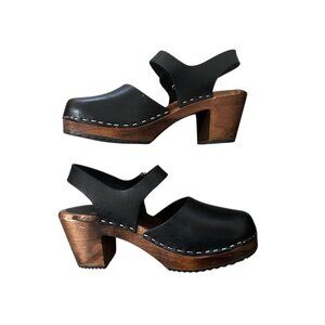 Lotta Stockholm Leather Mary Jane Clogs Women 39 8.5 Black Highwood Heels Preppy